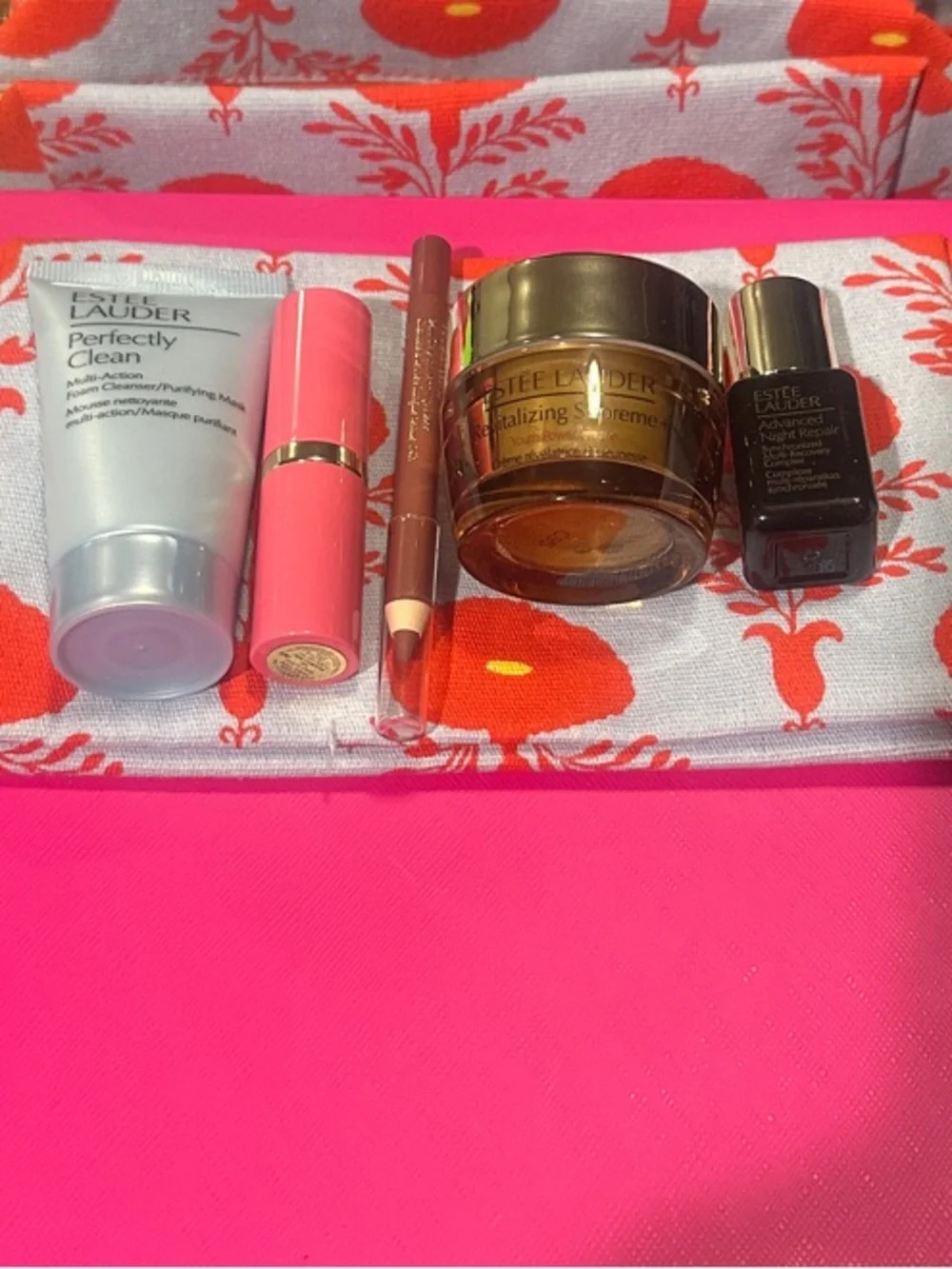 Estee Lauder Lipstick & Skincare Set in Bright Pink and Gold Accents